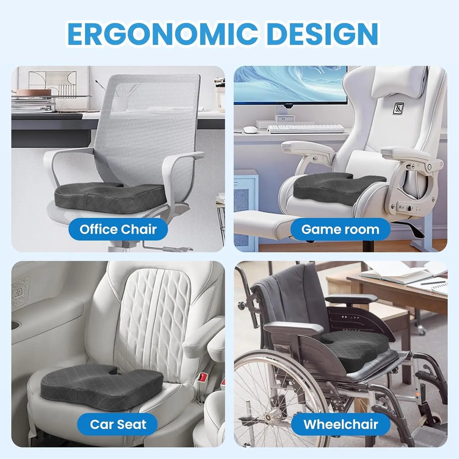 Memory foam seat cushion can relieve pain in the lower back and tailbone. It is suitable for cars, wheelchairs and office chairs - ErgoConfort