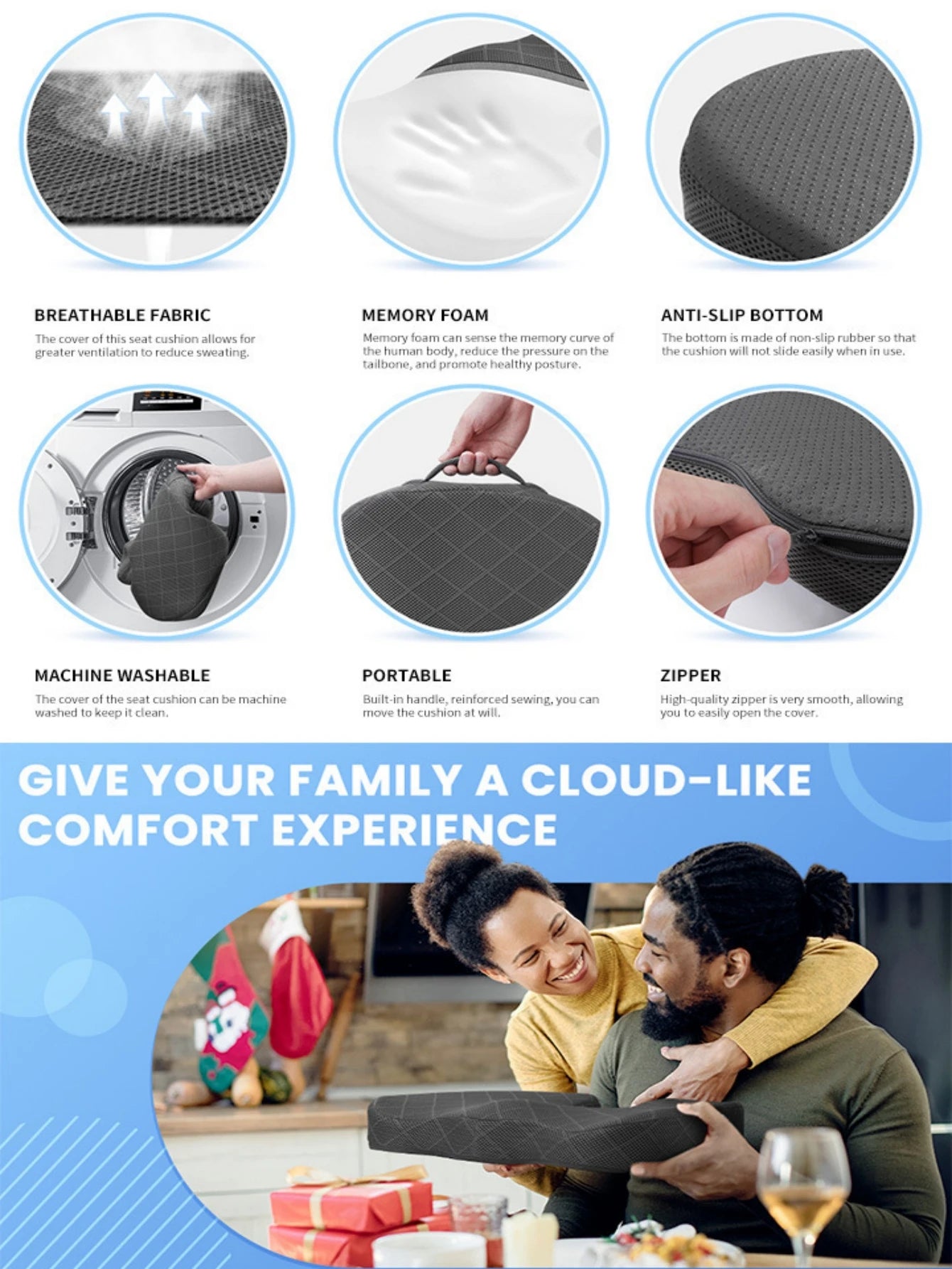 Memory foam seat cushion can relieve pain in the lower back and tailbone. It is suitable for cars, wheelchairs and office chairs - ErgoConfort