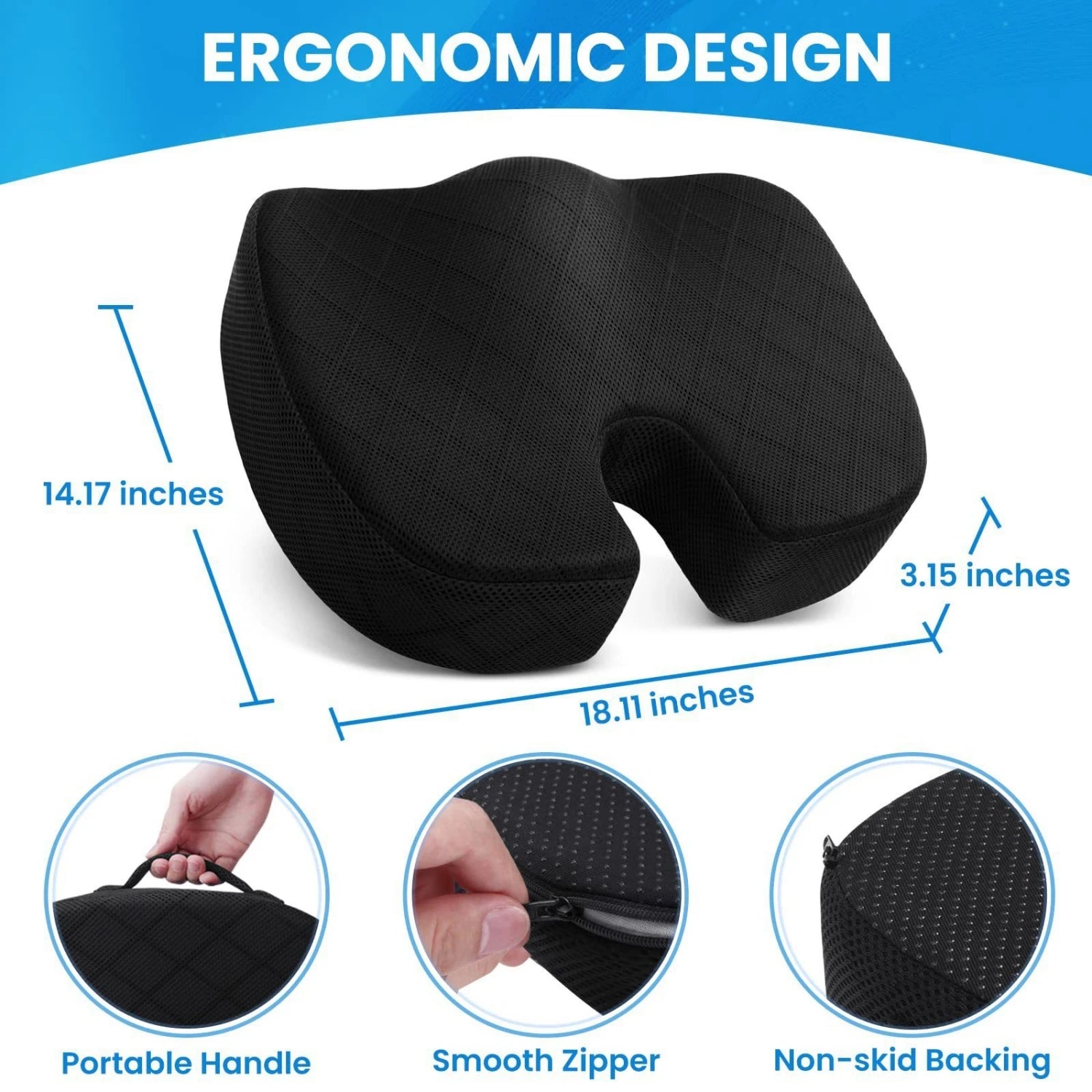 Memory foam seat cushion can relieve pain in the lower back and tailbone. It is suitable for cars, wheelchairs and office chairs - ErgoConfort